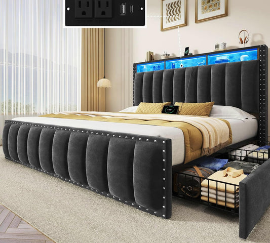 YITAHOME King Size Bed Frame wi/ 4 Storage Drawers and RGB LED Lights, Velvet Upholstered Platform Bed w/Charging Station and Bookcase Storage Headboard, No Box Spring Needed, Easy Assembly, Dark Gray
