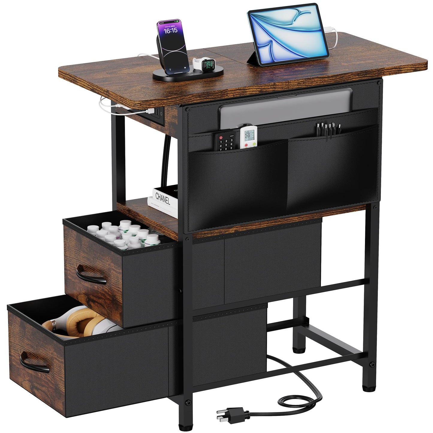 Yenlure Small Side Table with Charging Station, Narrow Nightstand Bedside Tables with Storage Pocket for Living Room Bedroom, Sofa End Table with USB Ports and Power Outlets for Small Spaces