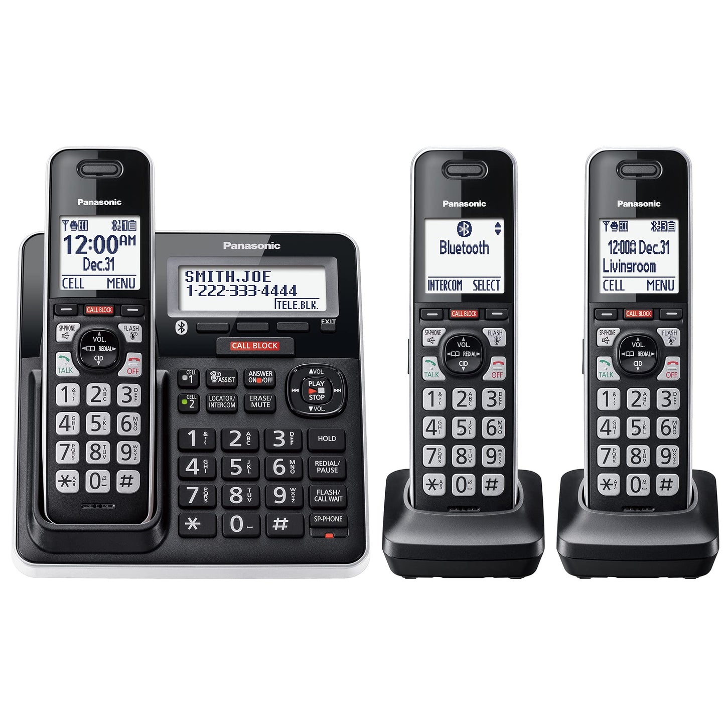 Panasonic Cordless Phone with Advanced Call Block, Link2Cell Bluetooth, One-Ring Scam Alert, and 2-Way Recording, Phone with Answering Machine, 3 Handsets - KX-TGF973B (Black/Silver Trim)