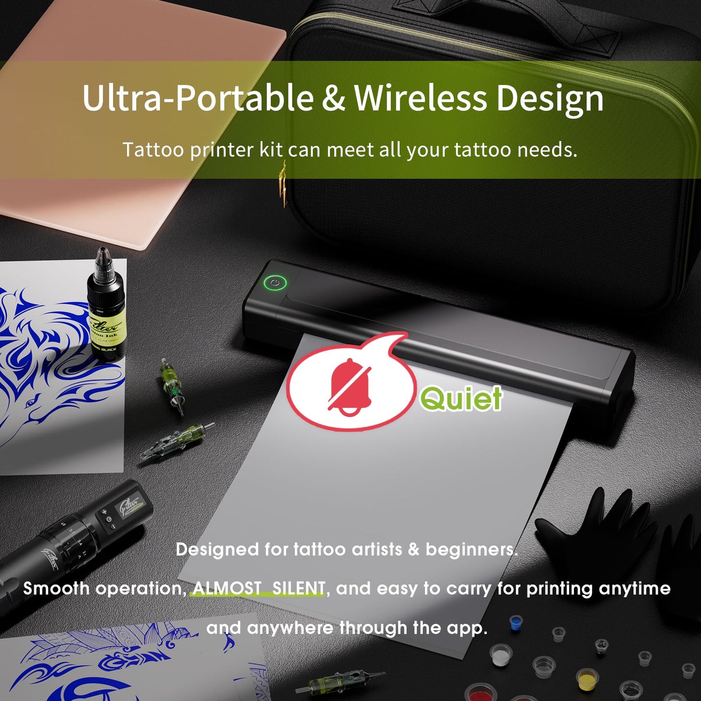 Tattoo Printer Kit - Tattoo Stencil Printer Machine with 6 Strokes 2.5-4.8mm Tattoo Gun, 1600mAh Power Supply, 20Pcs Tattoo Cartridge Needles for Beginners and Artists