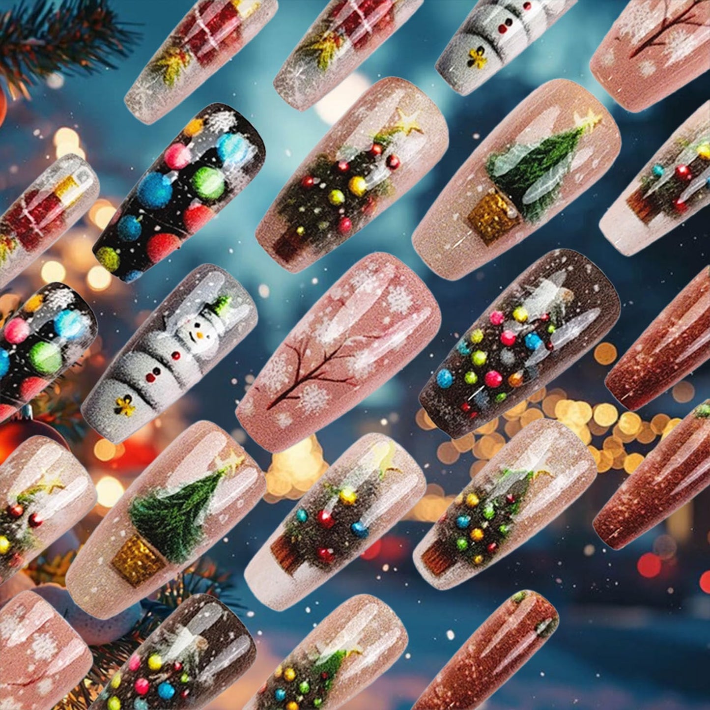 Christmas Press on Nails 24Pcs Glossy White Snowflake Acrylic Fake Nail Xmas Bell Medium Coffin False Nails Christmas Tree Stick on Fingernails Snowman Gel Glue on Nail for Women Xmas Gift