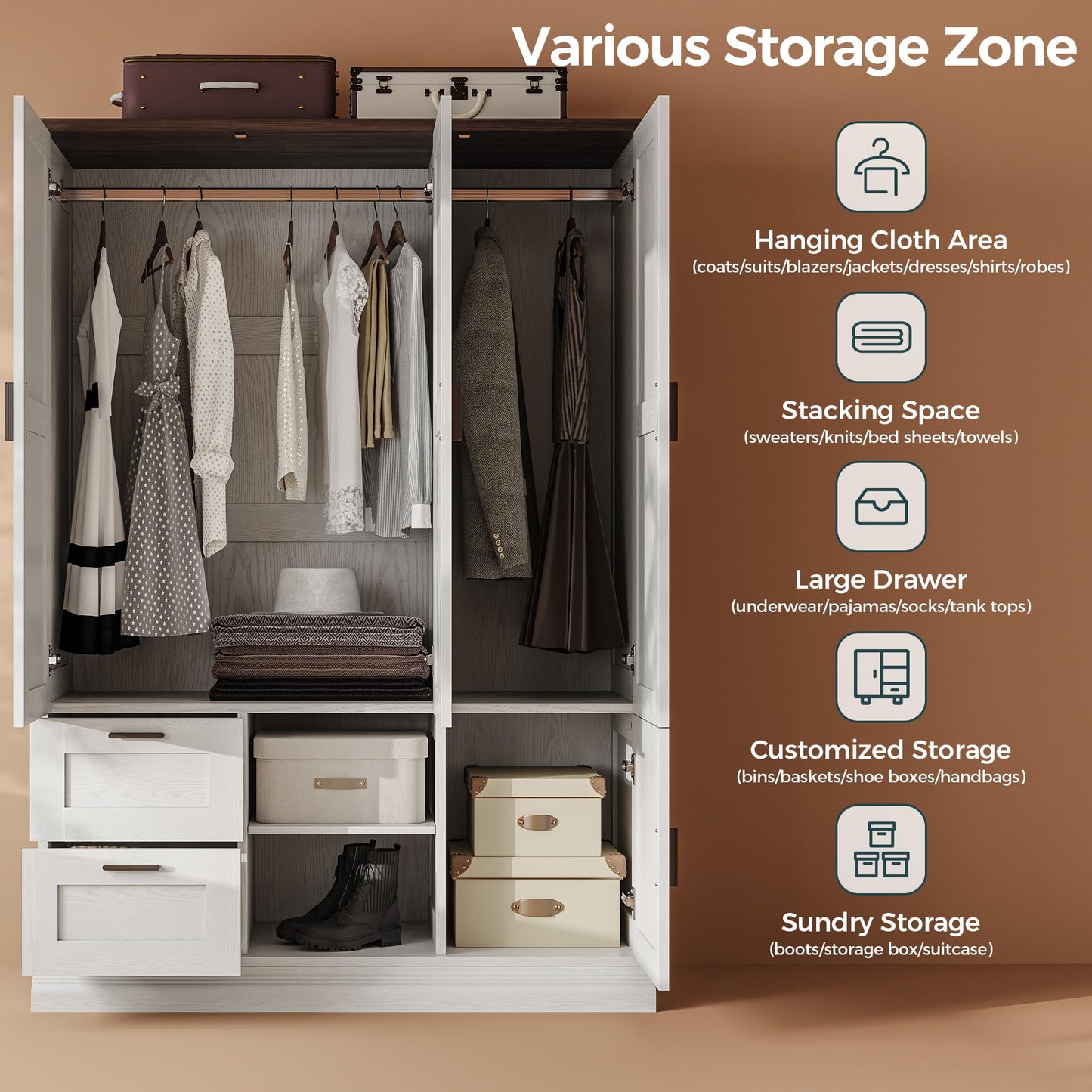 IRONCK Wardrobe Closet with 2 Drawers, 2 Hanging Rods, 3 Doors Wooden White Wardrobe, Large Freestanding Closet Bedroom Armoire Cloth Storage Cabinet for Couples, Easy Assembly, Rustic White