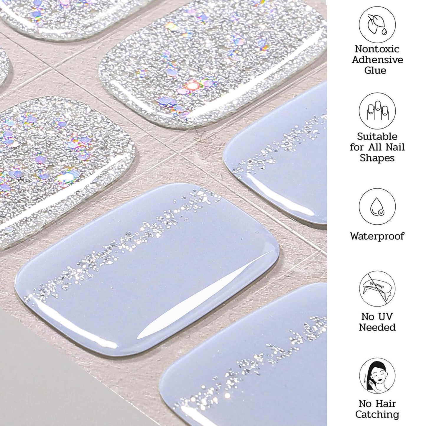 ruyeefam Nail Polish Strips (No UV Lamp Needed) - 22 Pcs Salon Quality Gel Nail Stickers - Long Lasting Wraps (Sky Sparkle Blue)