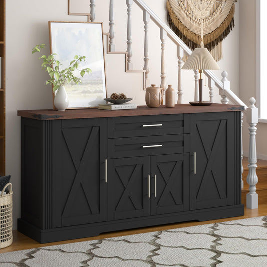 KEIKI 63" Farmhouse Barn Door Sideboard Buffet Cabinet with Storage – 2 Drawers, Adjustable Shelves, Door Rack, Kitchen Buffet, Large Sideboard Buffet Cabinet, Cabinet for Dishes, Black