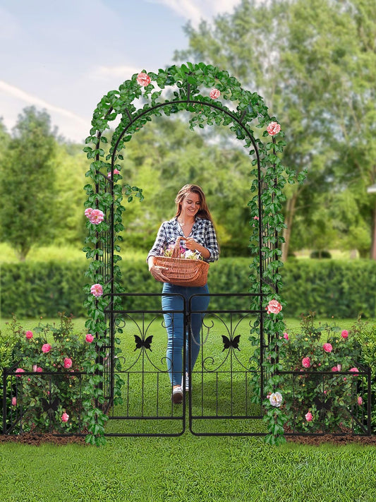 Kalolary Garden Arch with Gate and Plant Box, Heavy Duty Metal Butterfly Garden Arbor for Climbing Plant Raised Bed Rose Vines Climbing Support for Lawn Backyard Patio Outdoor Decor (86.6"x79.8"x20")