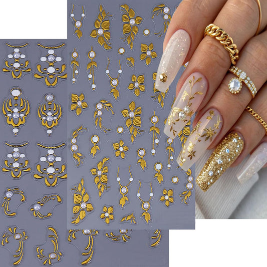 2 Sheets Gold Nail Art Stickers Golden Flower with Pearl Nails Stickers 5D Relief Self -Adhesive Gold Totem with Pearl Nail Decals Holographic Stereo French Nail Decoration for Women DIY Manicure