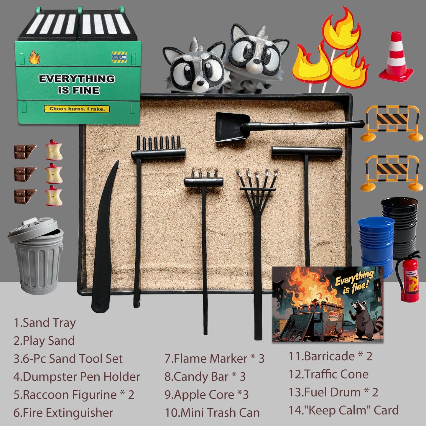Threeheng Dumpster Fire Zen Garden Desk Set - Trash Can & Raccoon Figurines Sand Tray Therapy Kit, Stress Relief Accessories for Office Gifts