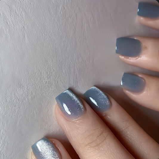 KQueenest Cat Eye Press on Nails Short, 30 Pcs Acrylic Press on Nails Square, Sparkly Glitter Light Blue Fake Nails Press on Short, Reusable Chrome Soft Gel Glue on Nails for Women Gift