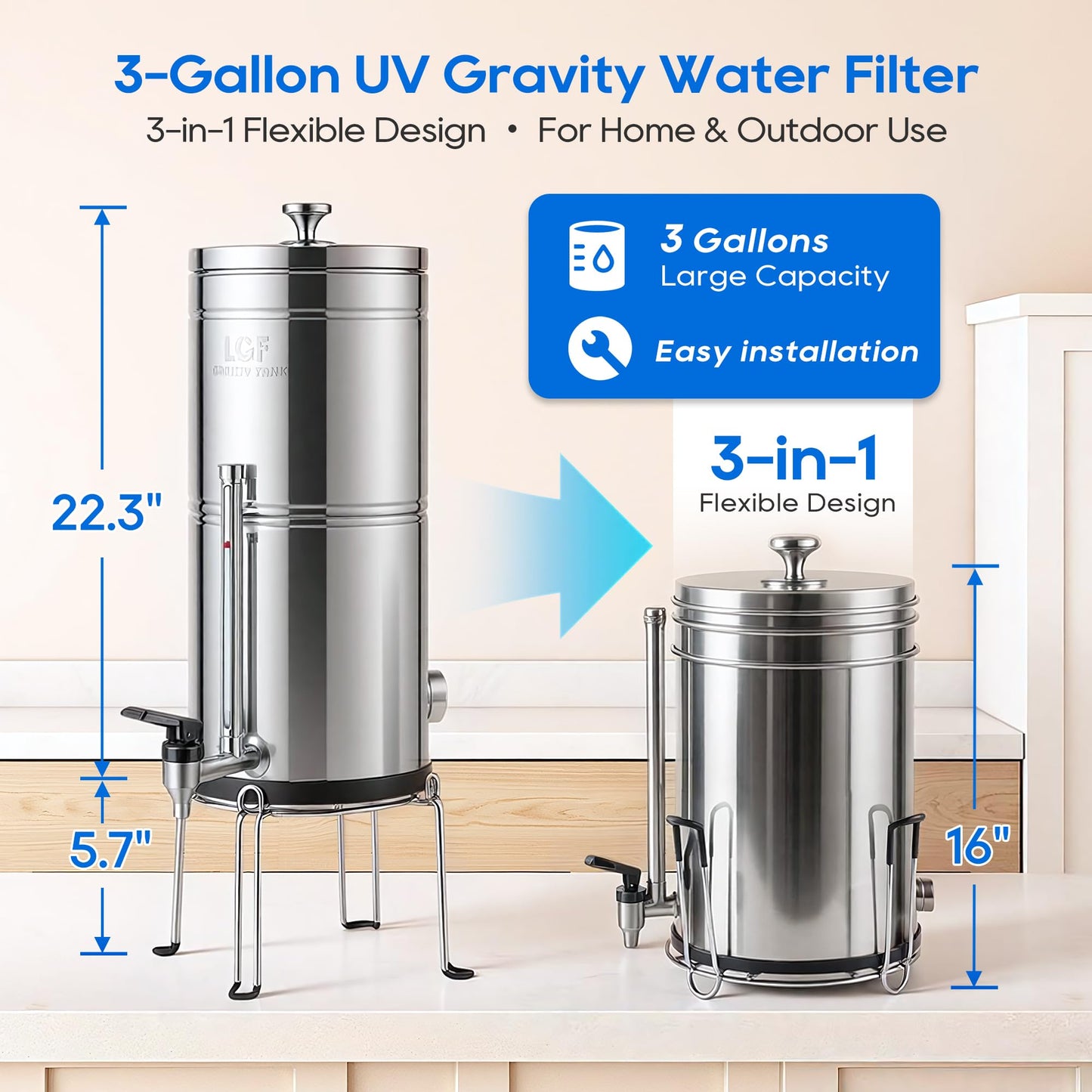 LCF 𝐒𝐢𝐥𝐯𝐞𝐫 𝐈𝐨𝐧𝐬 Enhanced UV-C Gravity Water Filter, Advanced Alternative to Berkey Water Filter System, NSF42 Standard, Reduces 99% Chlorine & Baçtёria, 6 Filters, Water Level Spigot, 3Gal