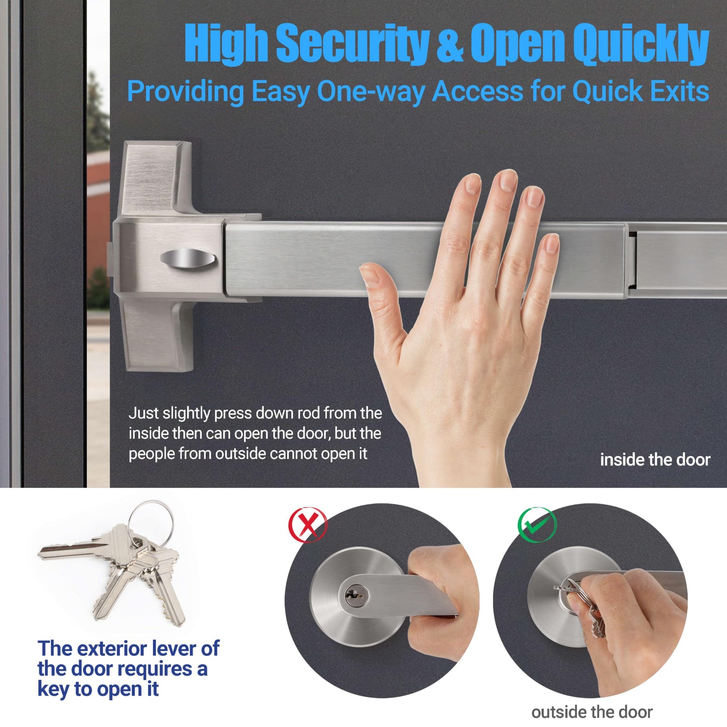 304 Stainless Steel Panic Bars for Emergency Exit Doors with Alarms - 25.5” Commercial Door Push Bar Panic Exit Device with Exterior Lever Handle, Panic Door Hardware for 26”-41”Wooden/Metal Doors