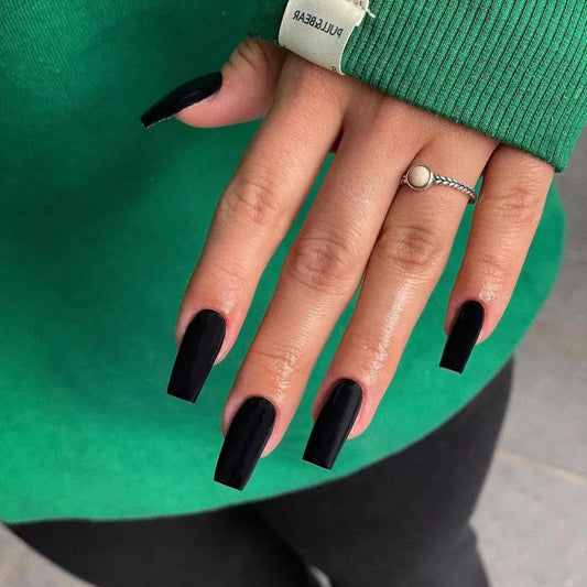 Matte Black Press On Nails Medium Long Square, Xcreando Medium Coffin Nails Acrylic Press ons Glue on Nails, Solid Color Fake Nail for Women, Natural Thick Artificial Stick on