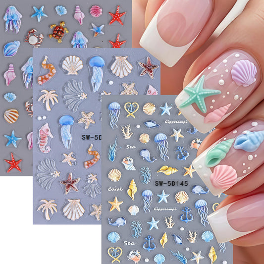 3 Pcs Summer Seashell Starfish Nail Art Stickers 5D Embossed Self-Adhesive Nail Decals Jellyfish Coconut Tree Seahorse Nail Design Summer Sea Theme Nail Supplies Marine Life Nail Decorations for Women