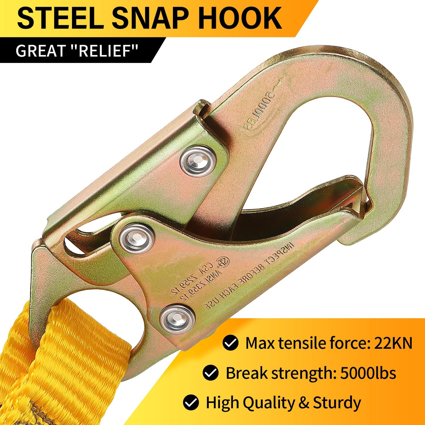 TRSMIMA Tree Climbing Safety Lanyard - 4ft to 6ft Adust Fall protection Webbing Belt Hunting Roof Strap Double Rebar Hook