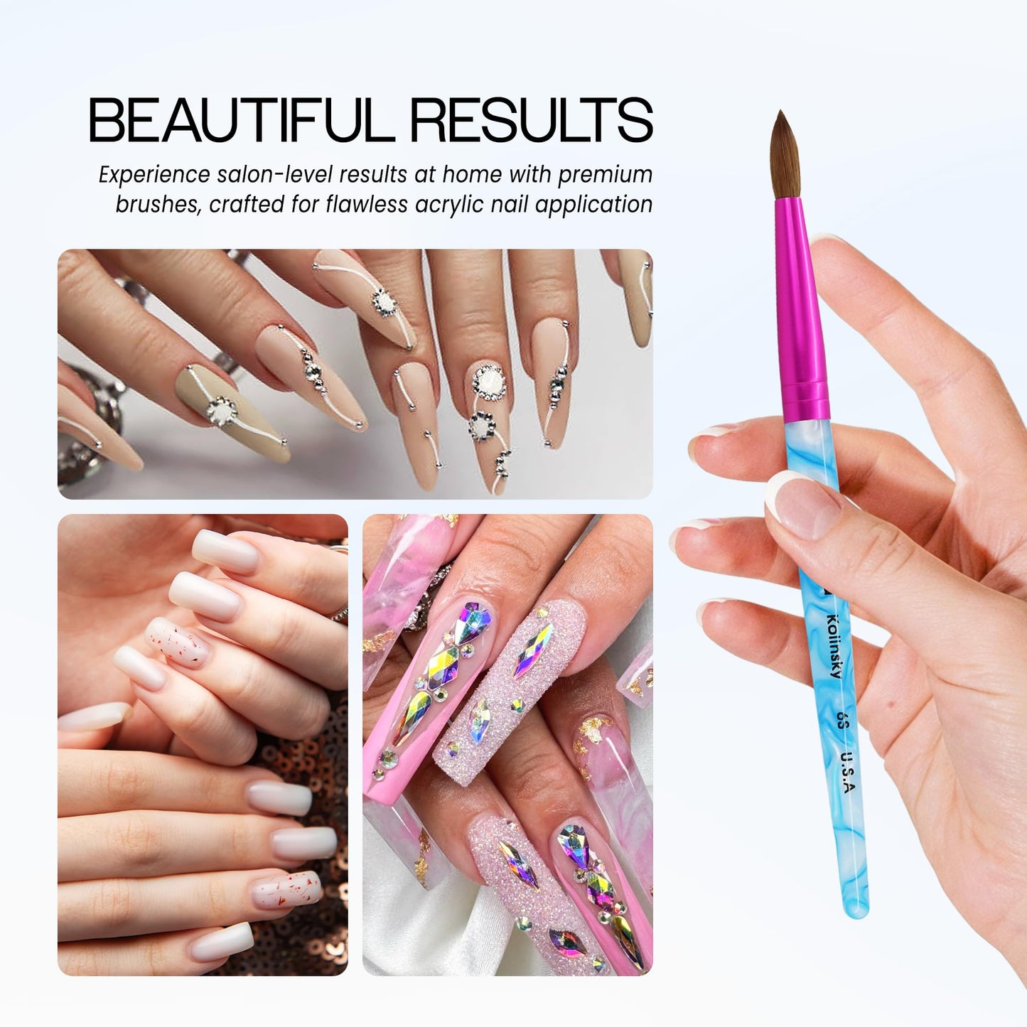 PANA Pure Kolinsky Hair Acrylic Nail Brush - Round Shape Pink Ferrule with White Swirl Blue Handle (Size 6) - Nail Brush for Acrylic Nail Application, Nail Extension, Manicure Pedicure Salon Beginner