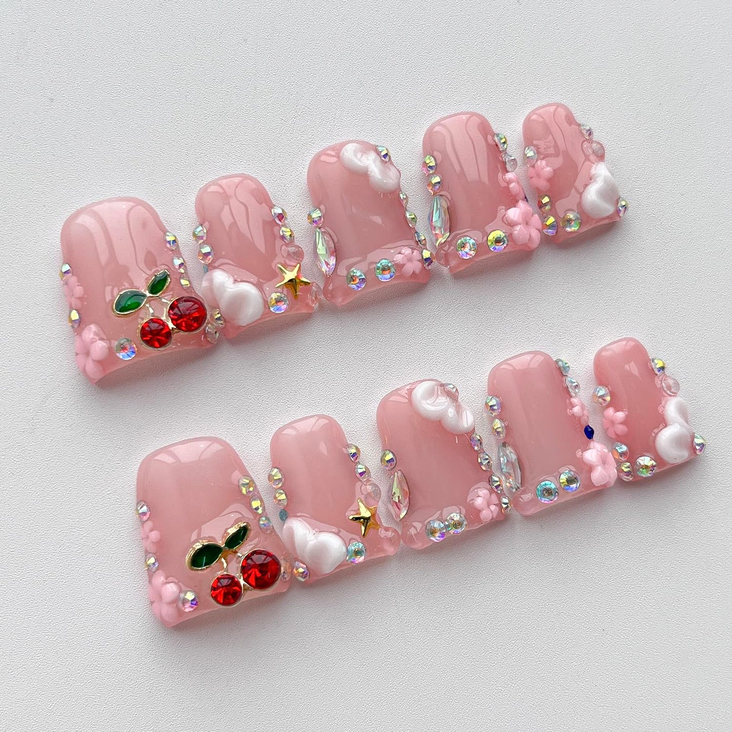 Handmade Press on Nails Short Duck French Tip Thick Acrylic Fake Nails 3D Floral False Nails with Cherry Rhinestones Charms Designs Nude Pink Sturdy Nail Art Press on Nails 10Pcs(S)