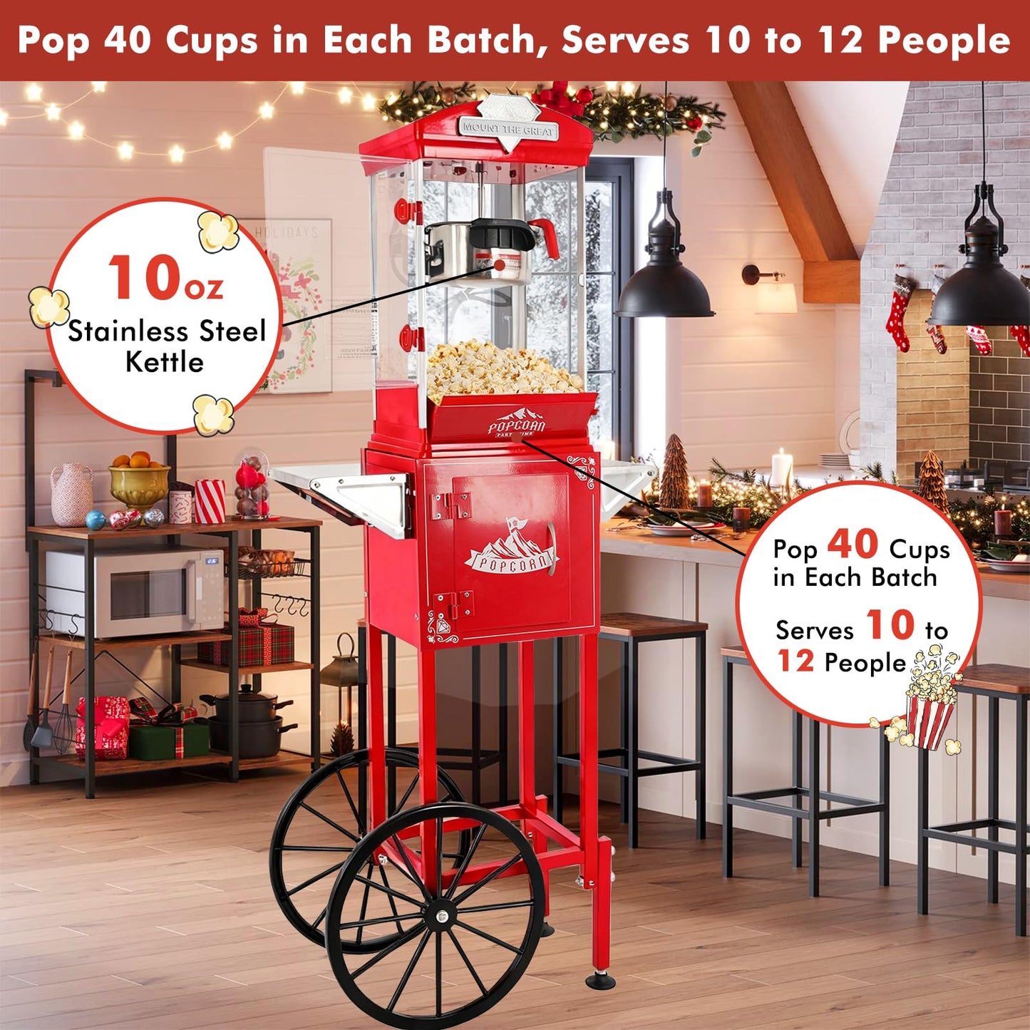 Nyddle Popcorn Machine with Cart, Wheels & 10 Oz Kettle Popcorn Maker, Movie Theater Popcorn Maker Machine, Home Theater Popcorn Popper Measuring 3 Plastic Spoons