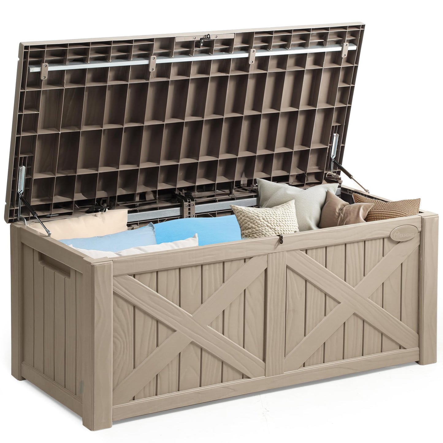 YITAHOME 150 Gallon Large Outdoor Storage Box with X-Shaped Front, Waterproof Resin Deck Box Cushion Storage Bench for Patio, Pool Supplies, Garden Tools- Lockable, Taupe