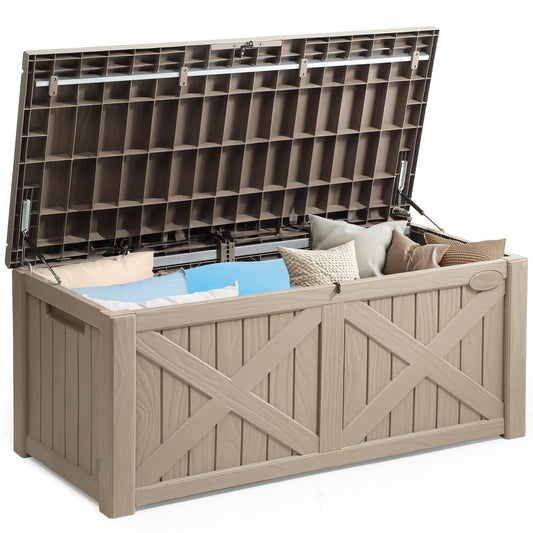 YITAHOME 150 Gallon Large Outdoor Storage Box with X-Shaped Front, Waterproof Resin Deck Box Cushion Storage Bench for Patio, Pool Supplies, Garden Tools- Lockable, Taupe