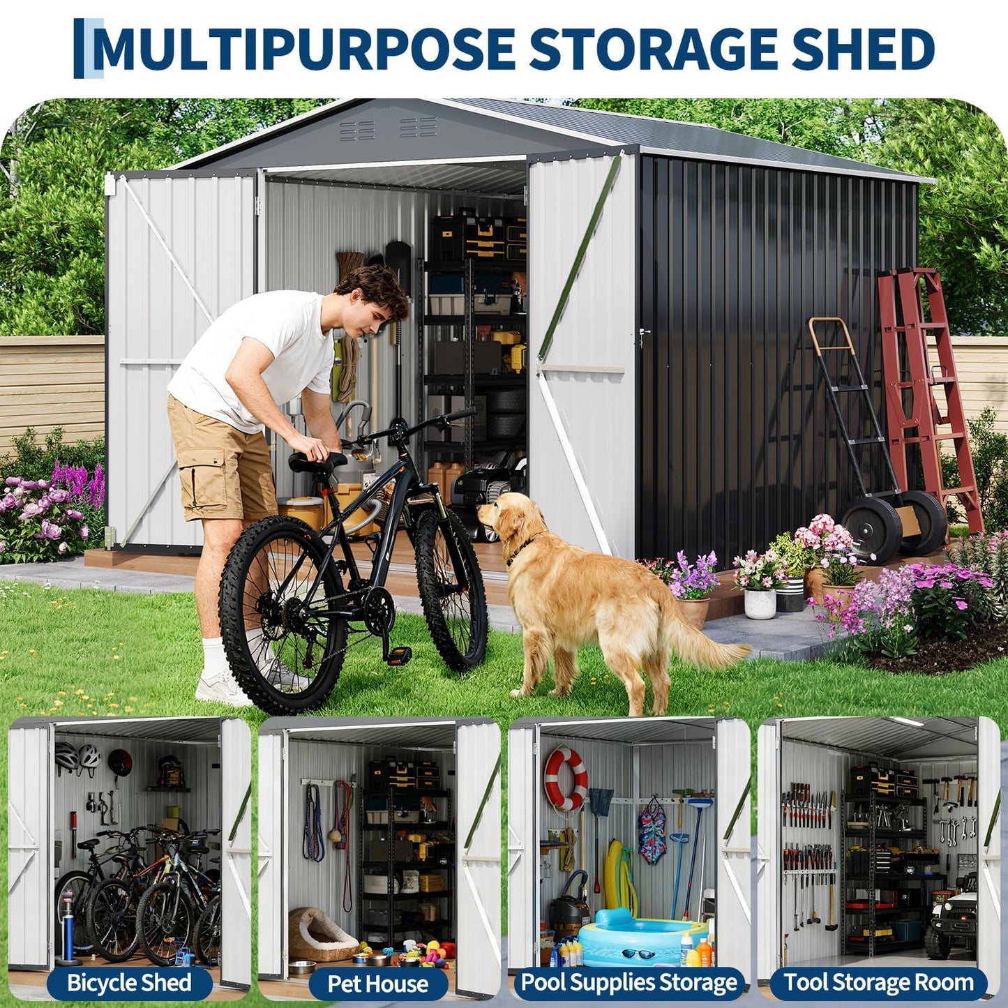 8x8 FT Metal Storage Shed, Outdoor Garden Tool Shed with Lockable Door and Air Vents, Steel Utility Storage for Backyard, Yard, Patio, Bike, Lawn Mower, Equipment