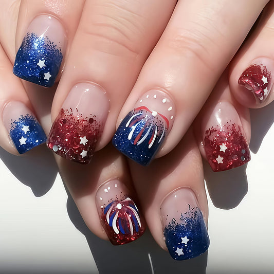 4th of July Glitter Fireworks Press on Nails Short Square Fake Nails Independence Day French Tips Design False Nails Full Cover Glossy Patriotic Stars for Women Decoration 24Pcs