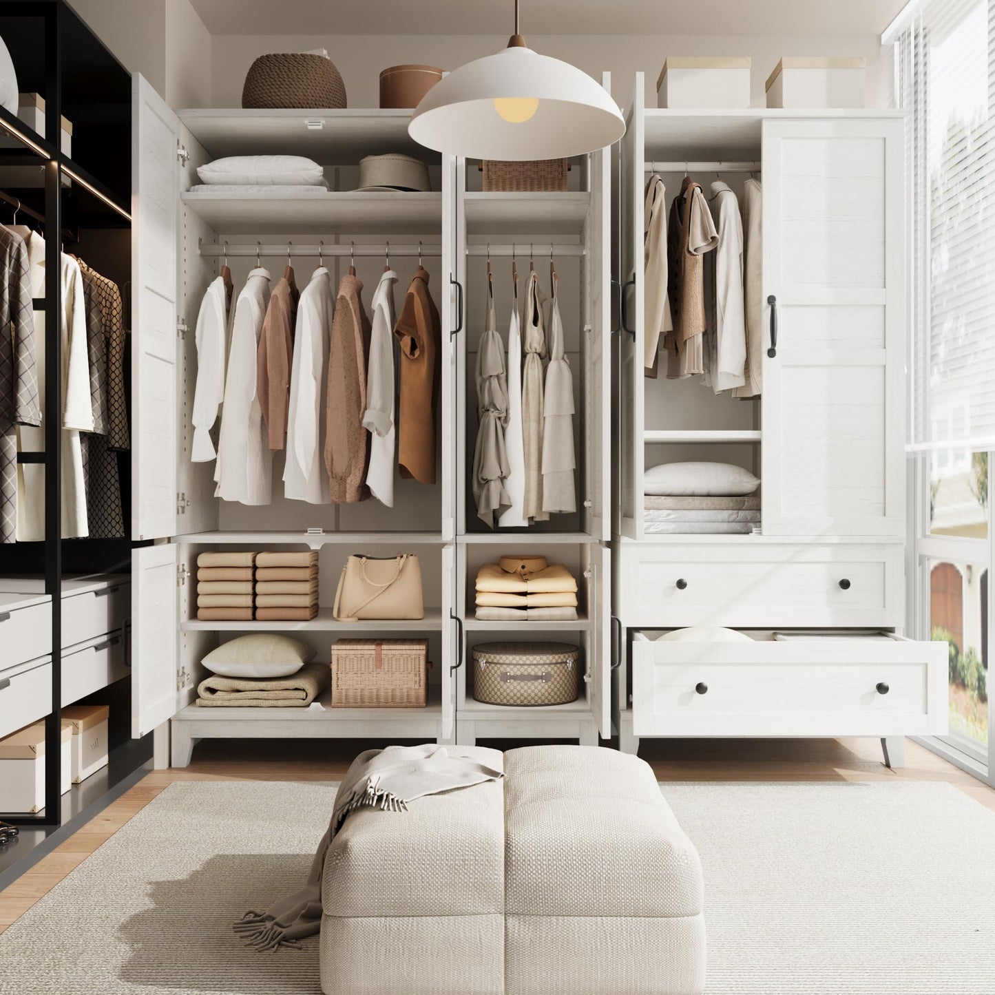 GarveeHome Armoire Wardrobe Closet with 4 Doors, 72 in Wooden Wardrobe Cabinet with Hanging Rod, Freestanding Tall Clothing Armoire Storage Cabinet with Adjustable Shelves for Bedroom, Rustic White