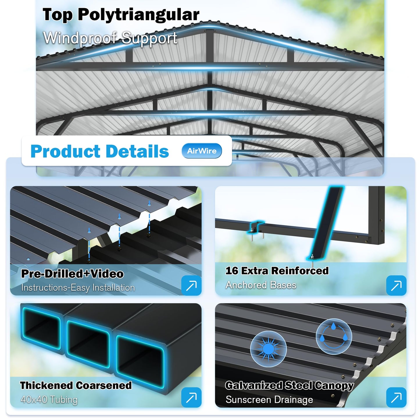 AirWire Carport Canopy 20’X30’ Heavy Duty Car Port Galvanized Steel Roof, Reinforced Stable Triangle Frame for Snowy Windy Metal Carports Enhanced Base Car Tent for Car,RV,Pickup,Boat,Truck,Tractor
