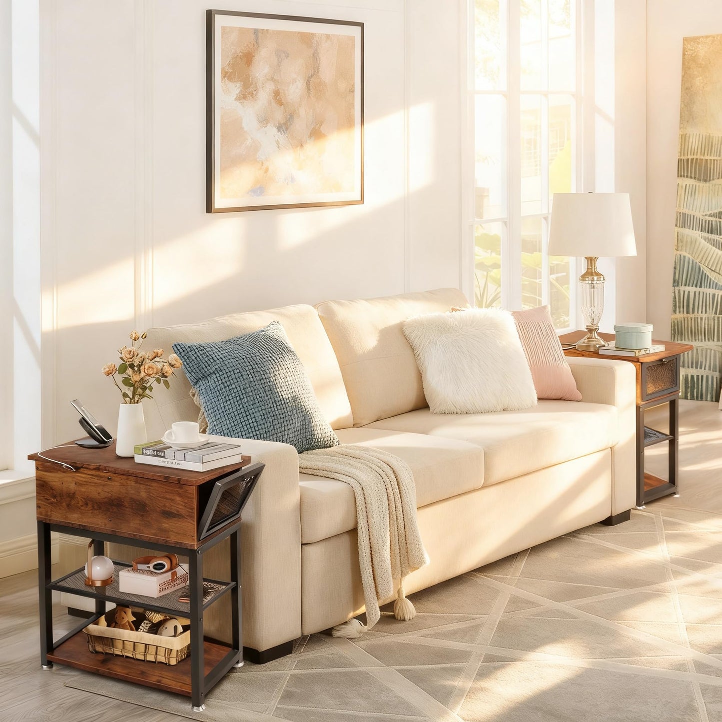 End Tables for Living Room, 28 inch Tall Side Table, End Tables with USB Ports and Outlets, 8.4" Super Deep Drawer, Flip Top End Table with Charging Station, Sturdy Steel X-Shaped Frame, Holds 216lbs