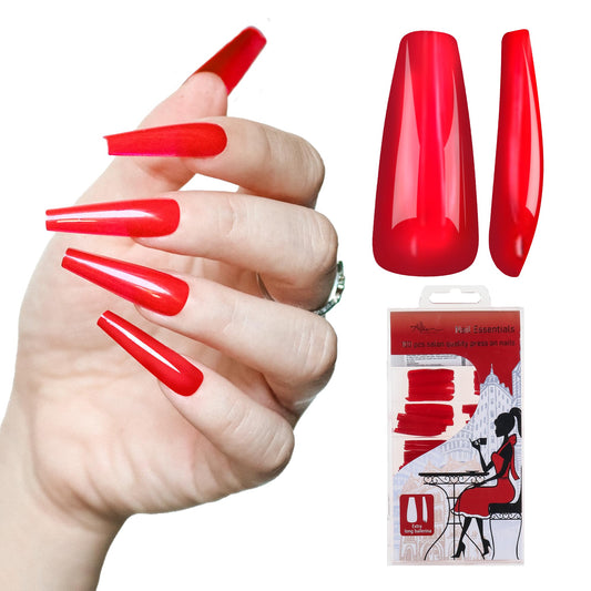 Allkem Press On Nails - Hot Red Glossy Extra Long Ballerina Multipack | 10 sizes - 100 pcs False Nails Full Cover Nail Kit with Glue