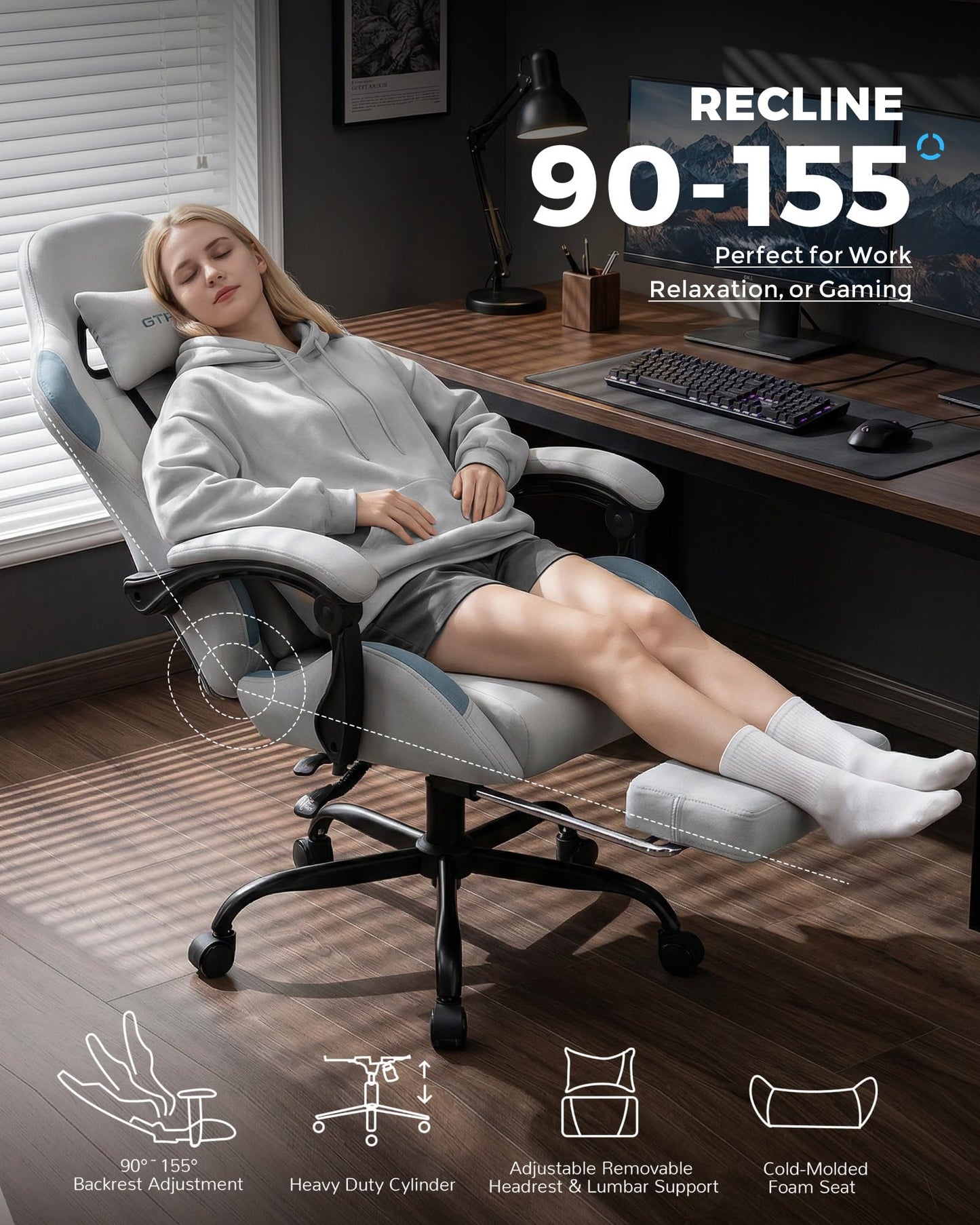 GTPLAYER Gaming Chair Fabric with Pocket Spring Cushion,Computer Office Chair with Lumbar Support for Adults Linkage Armrests and Footrest Ergonomic Gamings Chairs Height Adjustable Gray
