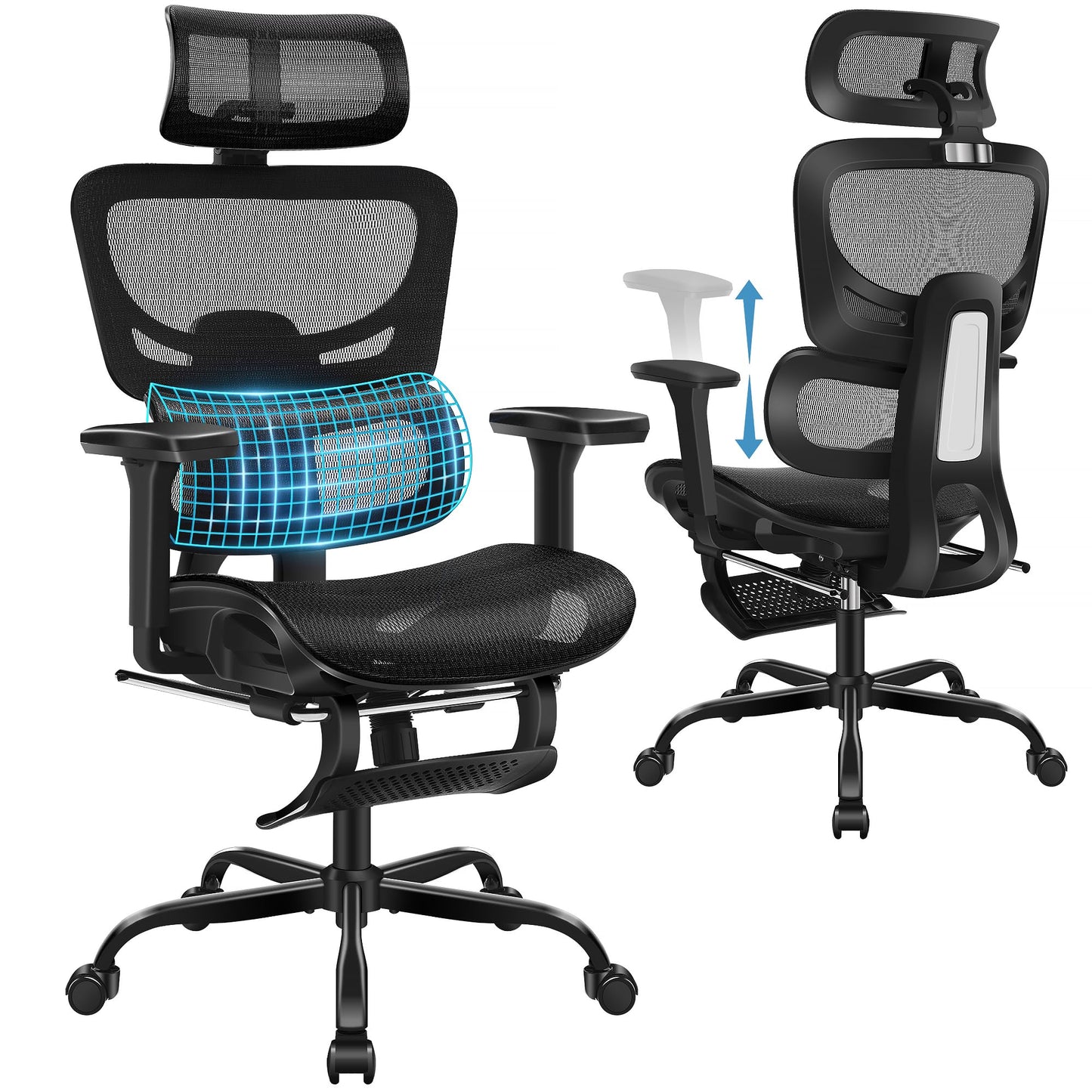 AreShark Office Chair Ergonomic Desk Chair,High Back Computer Chair with 3D Headrest & Armrests,Gaming Chair with Lumbar Support,90-135°Tilt Lock Mesh Office Chair with Footrest,Wheels,Black