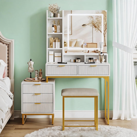 GAOMON Modern LED Makeup Vanity Desk with Mirror – 5 Drawers, Removable Side Cabinet, Cushioned Stool, Adjustable Lights – Bedroom Dressing Table for Girls & Women – Gold Iron + White Plate + Gold