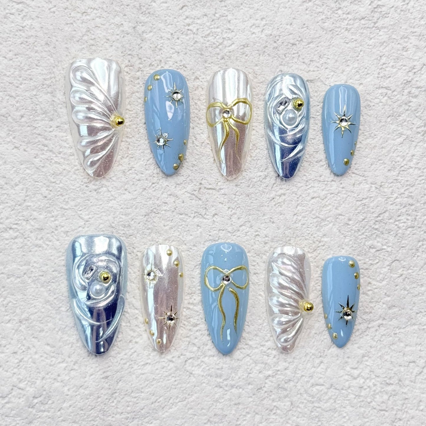Handmade Press on Nails Medium Almond Fake Nails withGlue,Luxury Rhinestone & 5D Bow Blue Press ons Muti-LayerGel Handmade False Nails for Women (Size M)