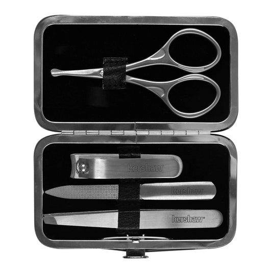 Kershaw Manicure Kit, 4-Piece Stainless Steel Set with Case, Mens Grooming Kits, Includes Fingernail Clipper, Double-Sided Nail File, Beard and Moustache Scissors and Tweezers