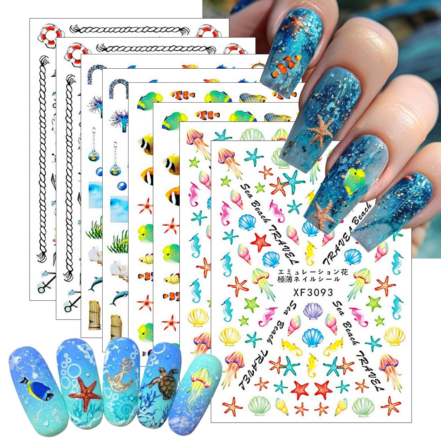 8 Sheets Summer Ocean Nail Art Stickers 3D Self-Adhesive Starfish Seashell Nail Stickers Beach Fishtail Shellfish Starfish Designs Nail Art Supplies for Women and Girl DIY Manicure Decorations