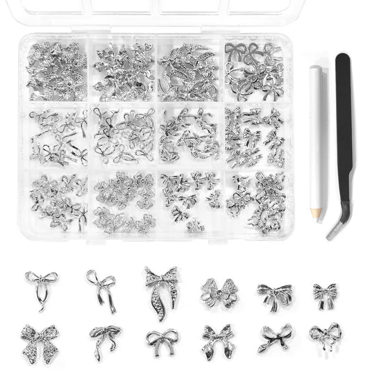 Hongliang 120Pcs 3D Bow Nail Charms,12 Designs Assorted Metal Alloy Bowknot Nail Art Decorations,Shiny Y2K Nail Jewelry Accessories for Women Girls DIY Craft (120, Silvery)