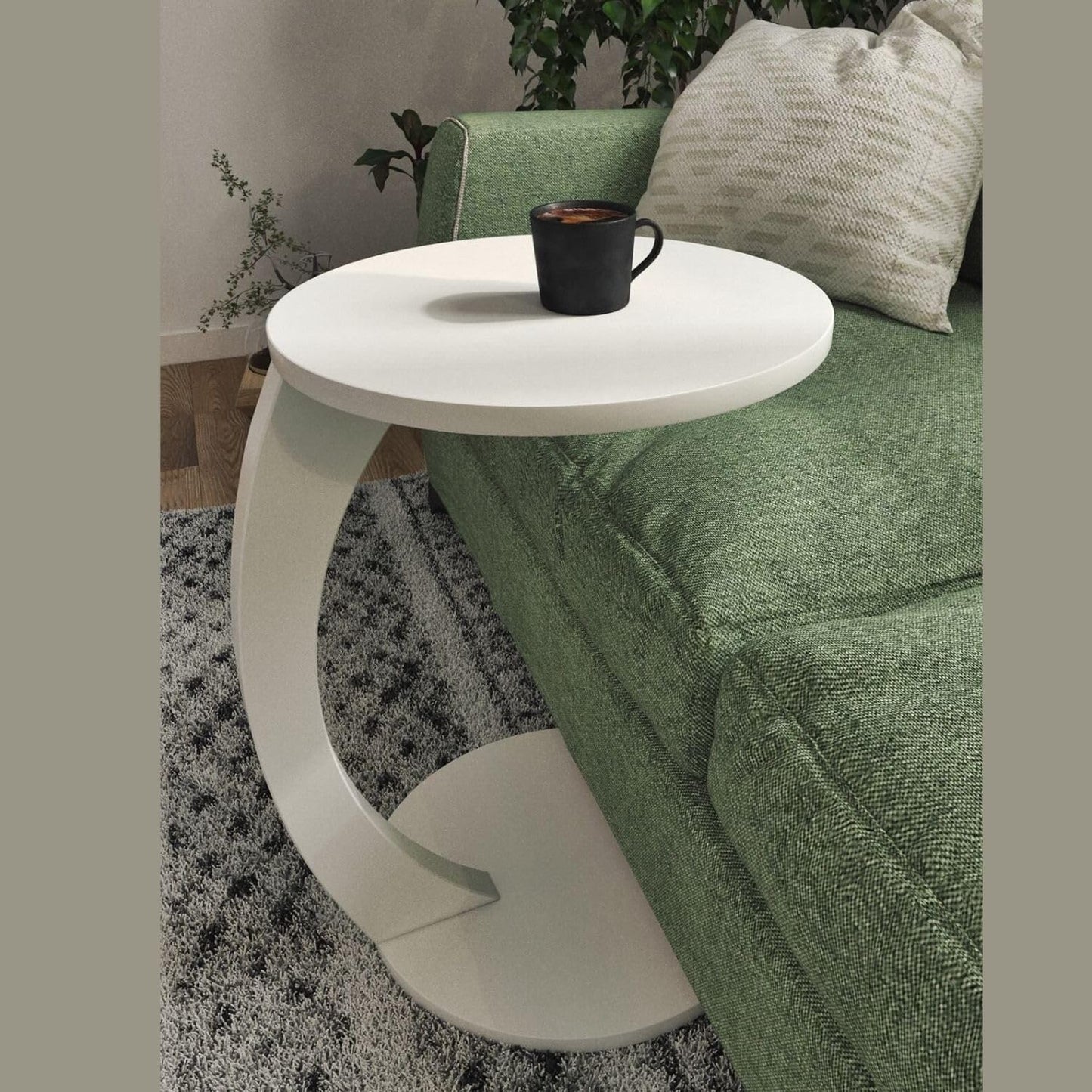 Furpinea C Shaped End Table for Couch Small Places, Space Saver Round Side Table for Sofa and Bedside with Wheel, Coffee and Eating Snack Time Tray for Living Room, Office (White)