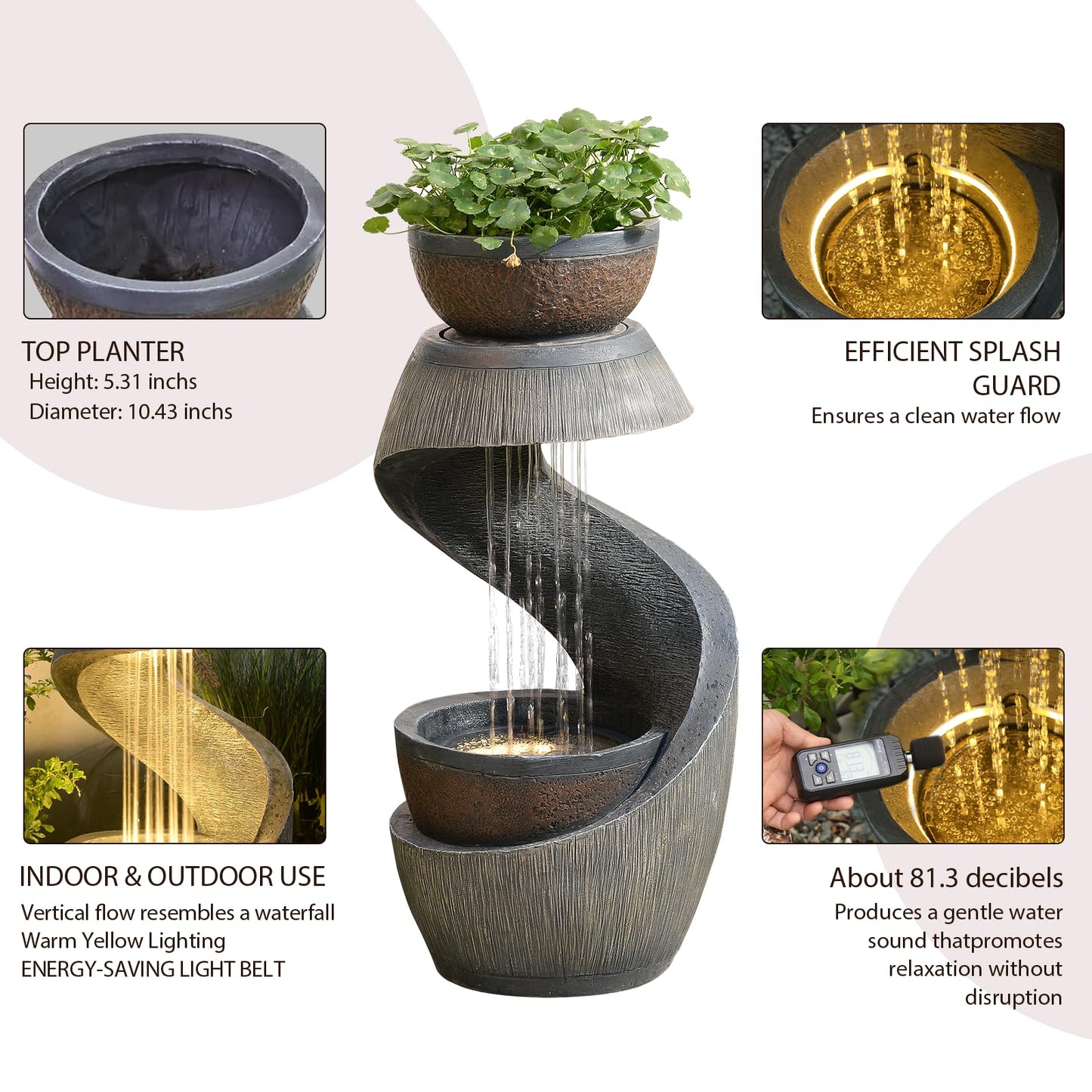 Sunlinua 31.9" S-Shaped Water Outdoor Fountain–Modern Cascading Waterfall Feature with LED Lights & Planter Bowl, Garden Fountains Outdoor for Patio, Balcony, Yard or Home Decor, Resin Waterfall
