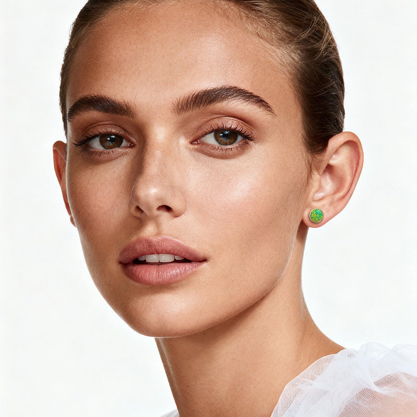 JiayangJY Silver Green Fire Opal Stud Earrings for Women Sterling Silver Round Shape 8mm Opal Earrings with Push Back