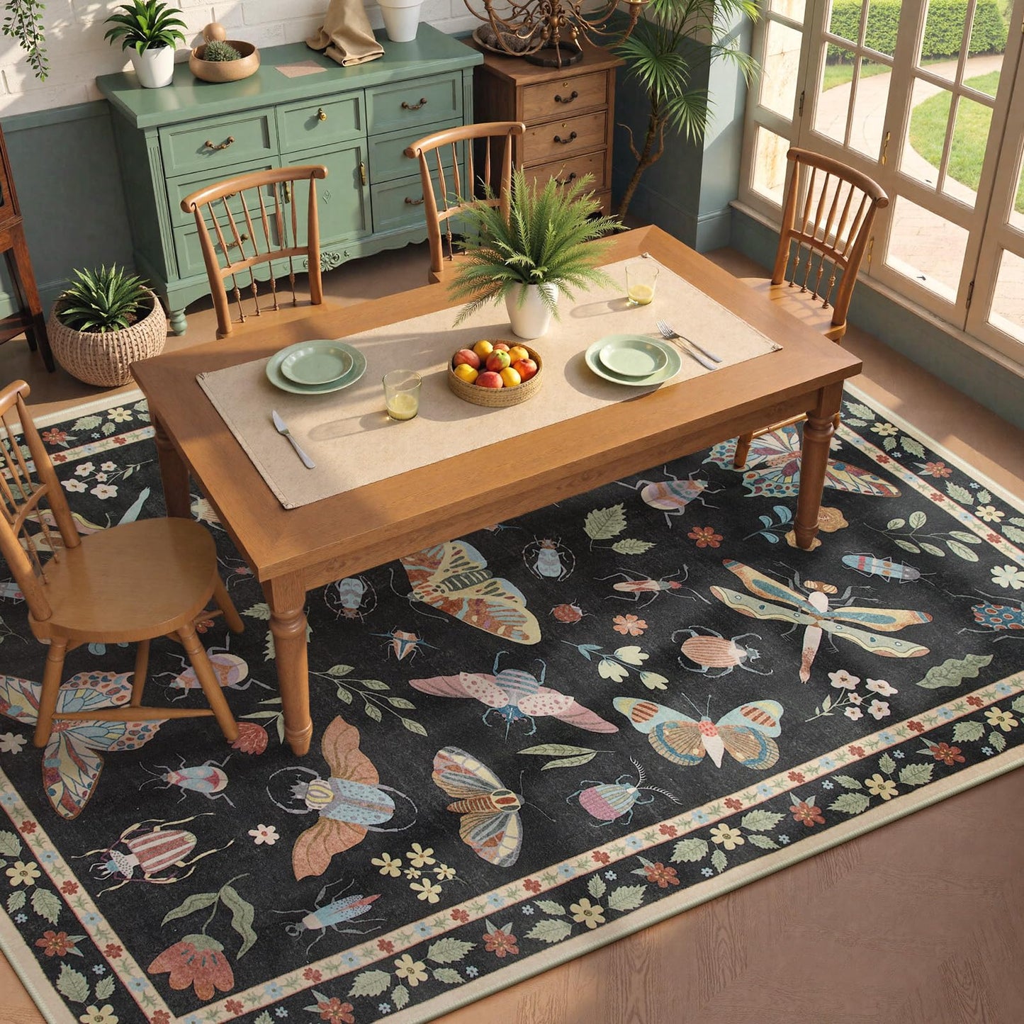 Beeiva Insect Print Rug 8x10, Washable Throw Rugs for Bedroom Under Bed, Boho Non Slip Low Pile Ultra Thin Foldable Large Carpet for Kids Room Playroom Living Room Decor(Black,8x10ft)