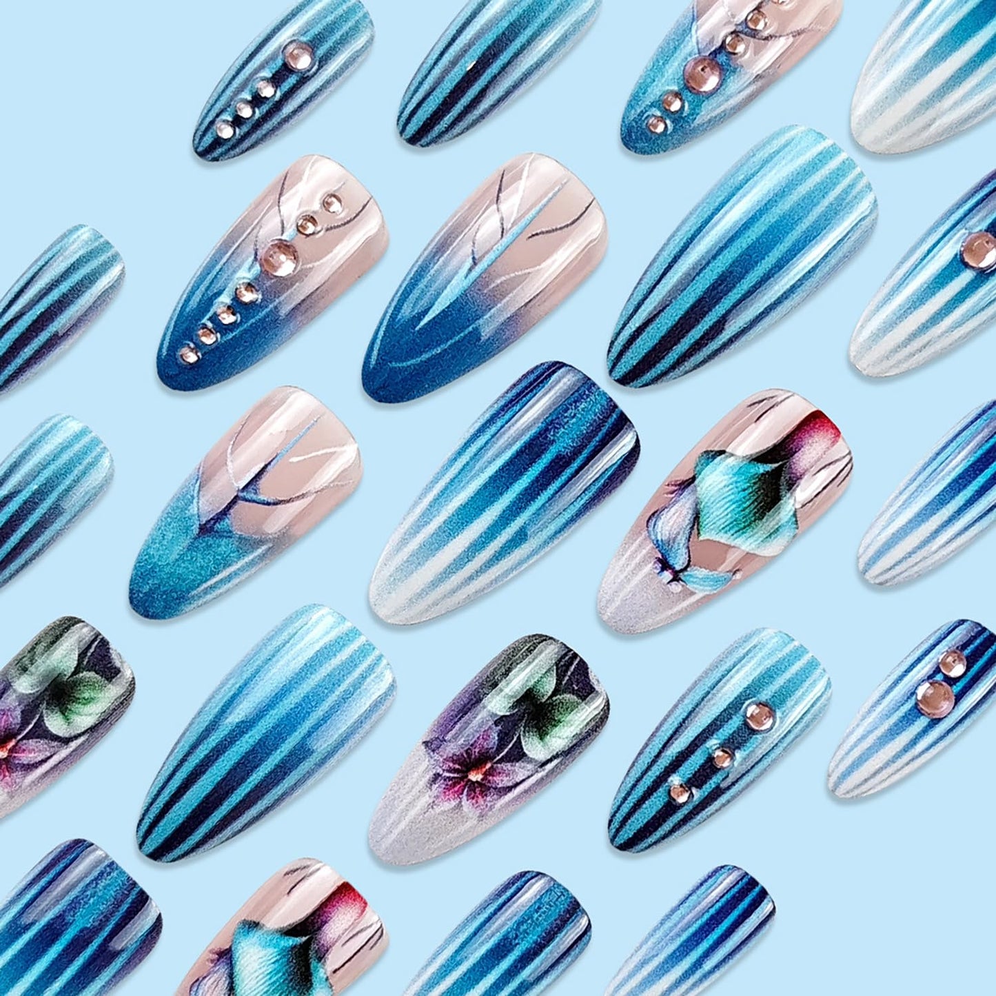 Blue Gradient French Tip Press on Nails Medium Flower Rhinestones Design Stripes False Nail Full Cover Glitter Stick on Nail Almond Tip Press Ons Manicure Glossy Reusable Glue on Nails for Women