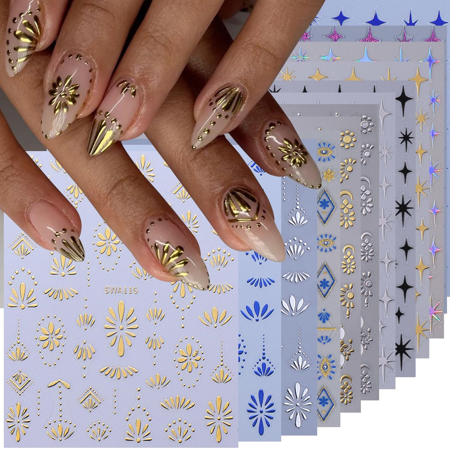 Bohemian Stickers for Nail Art 12PCS Boho Styles Nail Decals Blue Totem Gothic Nails Art Desigsn Metallic Gold Silver Star Self-Adhesive Sliders for Gel Polish Acrylic Supplies DIY Manicure Decor