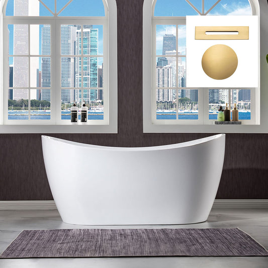 WOODBRIDGE 59" Acrylic Freestanding Bathtub Contemporary Soaking White Tub with Brushed Gold Overflow and Drain,BTA1516 BG
