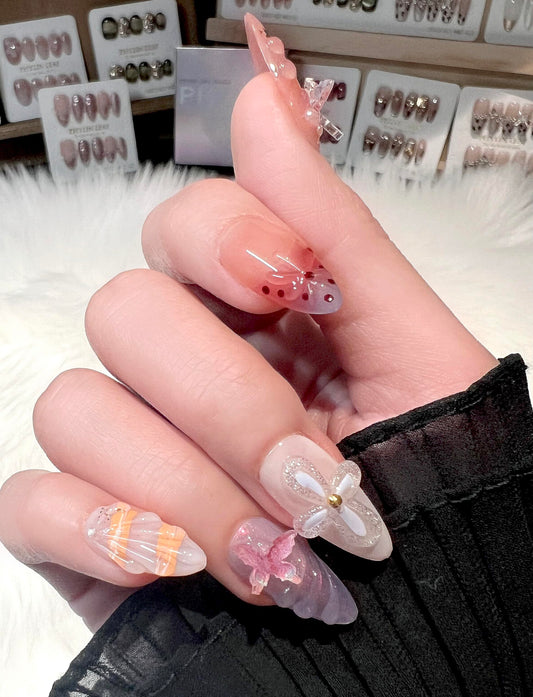 Handmade Press On Nails impress Fake Nails Medium Almond 3D Sea Shell Summer Cute beach nails Butterfly Finger Manicure glue False press ons Nail Artificial (S size)