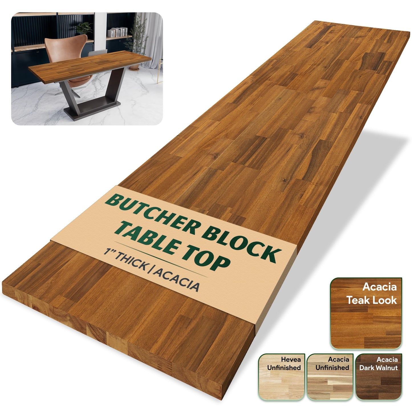 Howizz 48 x 25 in. Solid Wood Table Top, Teak Stained Acacia Desktop for Standing Desk/Office Tabletop/Countertop, 1in. Thick