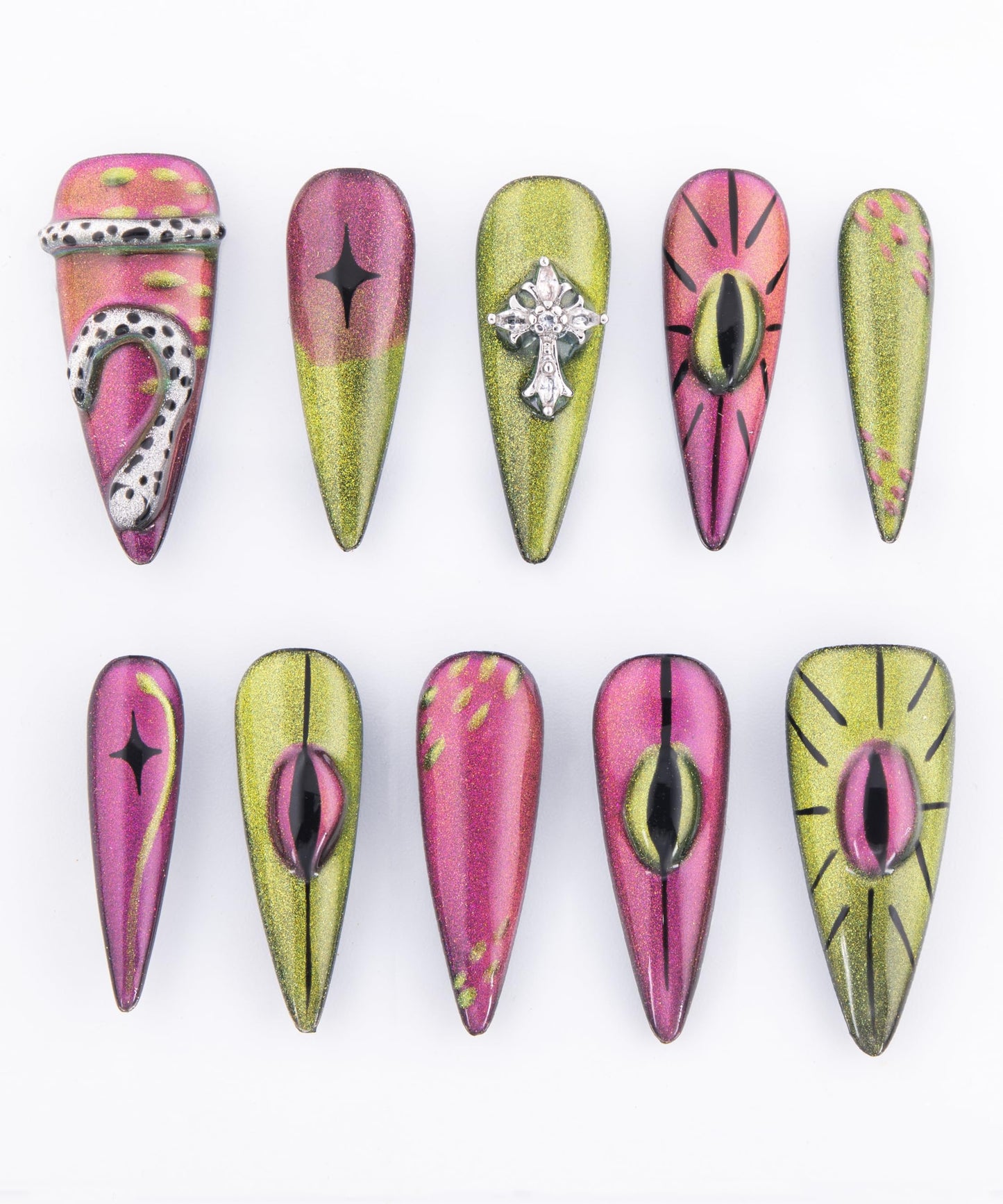 Cat Eye Nail Art Tips, Pink and Gold Glitter Design with Cross Pattern, 10 Pieces (Purple, S)