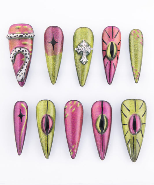 Cat Eye Nail Art Tips, Pink and Gold Glitter Design with Cross Pattern, 10 Pieces (Purple, S)
