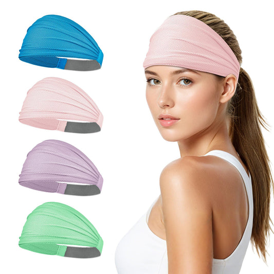 Sukeen Wide Headbands for Women, Instant Cooling Elastic Non-Slip Workout Headbands, Moisture-Wicking Sports Sweatbands for Gym, Yoga, Running, Fitness, 4 Pack, Blue/Macaron Pink/Mint Green/Lauva