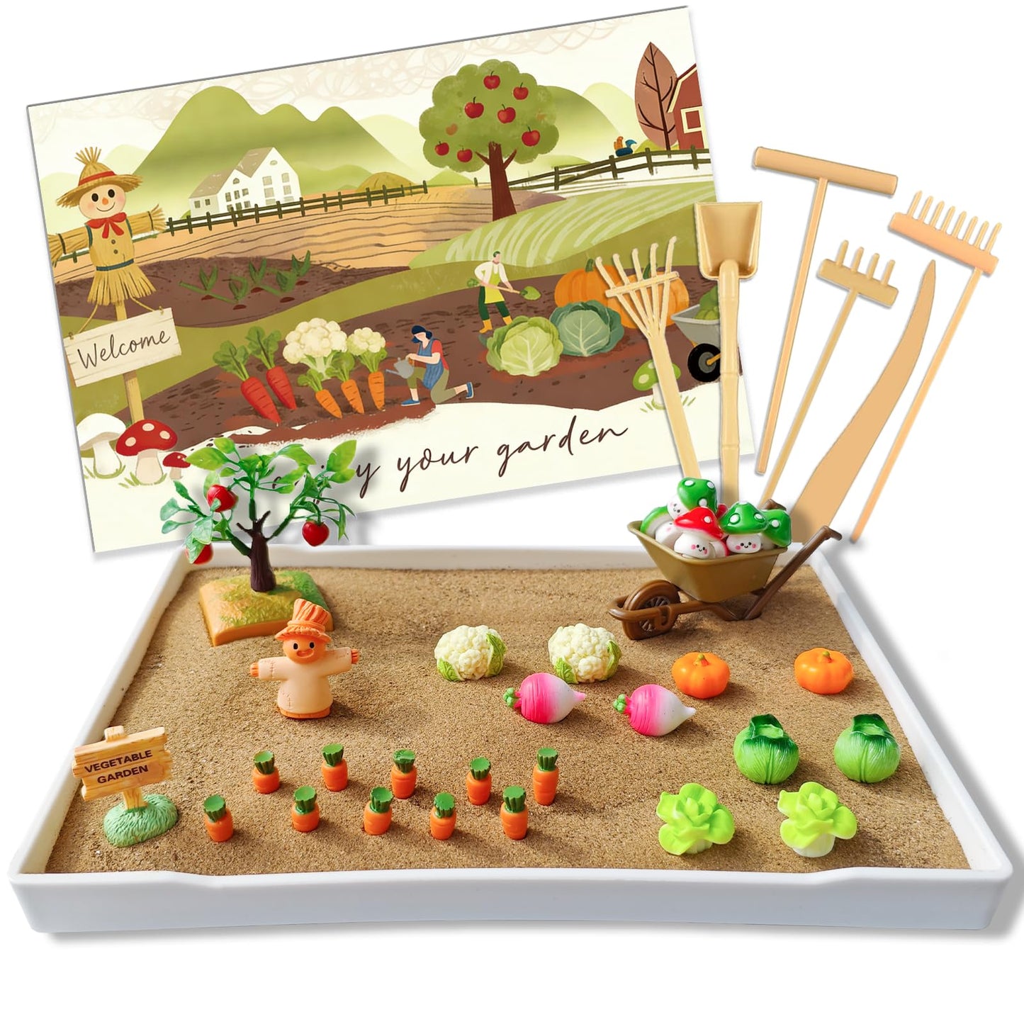 Akisola Zen Garden for Desk, Vegetable Gardening Themed Sand Tray Therapy Kit for Office - Miniature Garden Models, Mushroom Tic-Tac-Toe, Stress Relief & Mindfulness Activity for Office & Home Decor