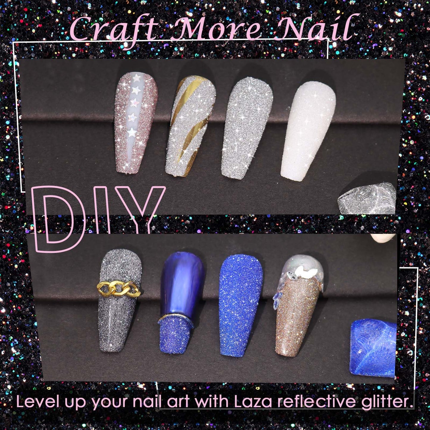 Laza 1.5g/0.05oz Diamond Nail Glitter Reflective Glitter Rhinestones Diamond Dust Pixie Crystals for Nails Holographic Nail Powder Glitter Decorations for Nail Art Tips Manicure - Sparkle White