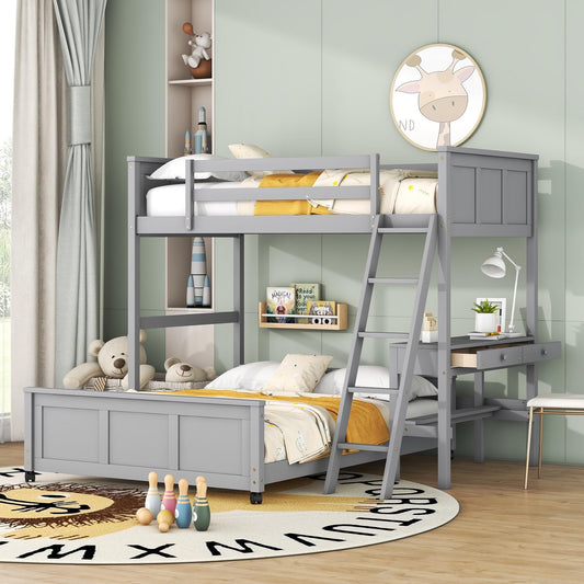 Merax Twin Over Full Bunk Bed with Desk,Wood Loft Bed Frame Saving Space for Boys,Girls,Teens,Grey